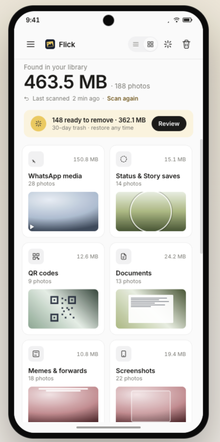 Flick — Library overview showing 463.5 MB across 188 photos with categorized folders for WhatsApp media, Status saves, QR codes, and Documents