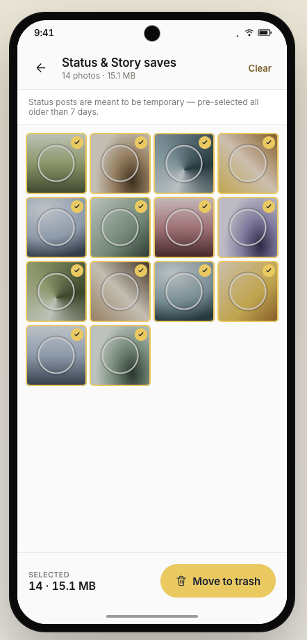 Flick — Swipe-review screen showing a WhatsApp Family group photo with size, source, and a swipe-to-trash interaction