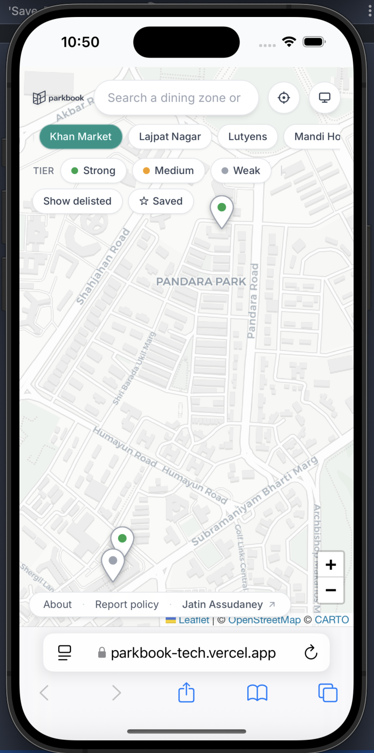 parkbook — Map view of authorized parking lots across Khan Market with floating search and filter chips