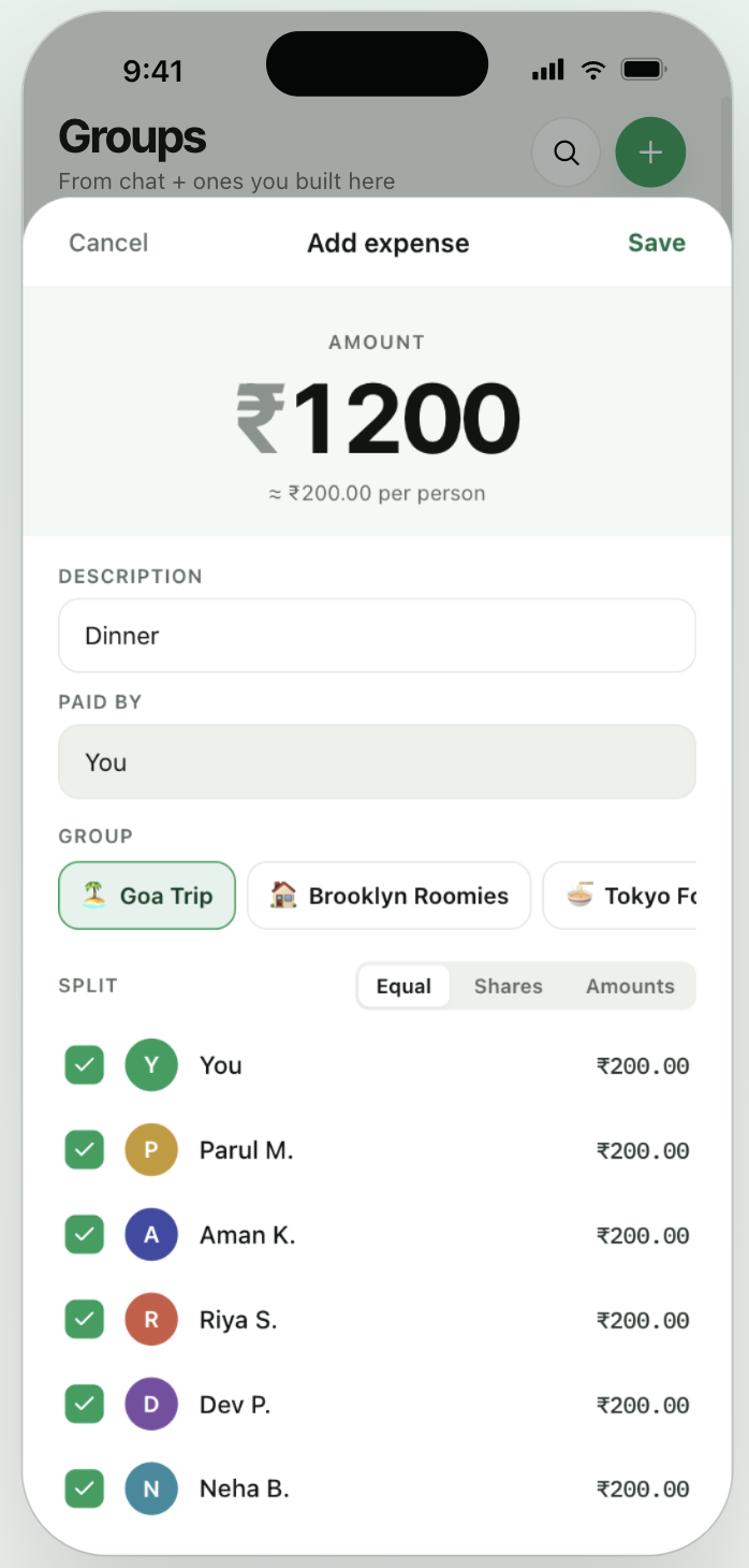 PingSplit — Add expense screen showing a ₹1200 dinner split equally across six people in the Goa Trip group