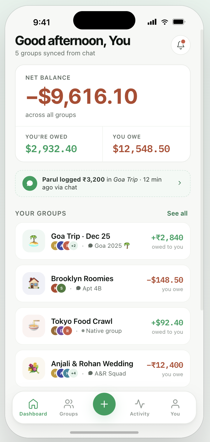 PingSplit — Dashboard showing net balance, owed/owing breakdown, and groups synced from WhatsApp chats